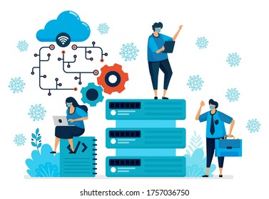 Vector illustration of cloud computing platform to support new normal work. Database tech for covid-19 pandemic. Design can be used for landing page, website, mobile app, poster, flyers, banner