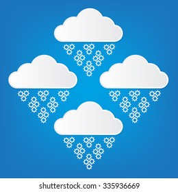 Vector illustration of cloud computing service concept paper cut style with shadows on bright blue background.