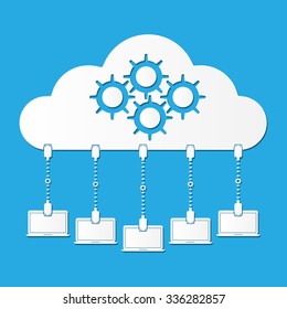 Vector illustration of cloud computing service concept device connect to cloud with gear paper cut style with shadows on bright blue background.