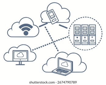 Ilustração vetorial da computação em nuvem, ícones sólidos com conexões de rede