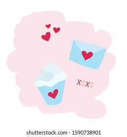 Vector Illustration Cloud With Cupcake And Envelope With Hearts, Valentines Day Illustration, Postcard, Giftcard Design, Wedding Design