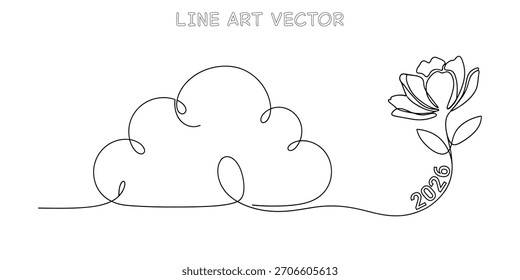 Ilustración vectorial de una nube y una flor con 2026 representando el crecimiento ambiental en el nuevo año