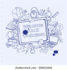 Vector illustration Cloud frame greeting card welcome back to school with accessories, globe, bus, meal, computer, ruler, apple, pencil