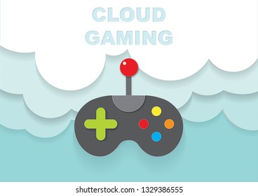 Vector illustration, Cloud Gaming with a colorful joystick on the sky and layered cloud background like paper cutoff effect.