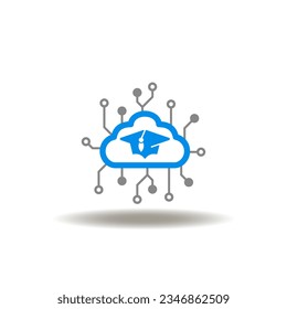 Vector illustration of cloud with graduation cap and circuit pattern. Icon of e-learning. Symbol of digital education.