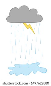 Vector illustration cloud, lightning and raining. Hand drawn. Colored outlines.