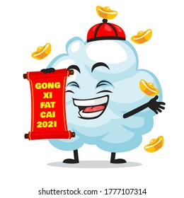 Vector illustration of cloud mascot or character holding red scroll and says happy chinese new year 2021