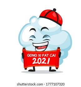 Vector illustration of cloud mascot or character holding red scroll and says happy chinese new year 2021