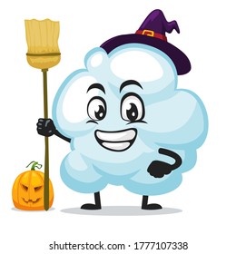 Vector illustration of cloud mascot or character wearing witch costume and holding broom