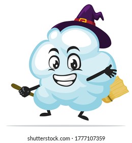 Vector illustration of cloud mascot or character wearing witch costume and ride flying broom