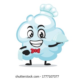 Vector illustration of cloud mascot or character wearing chef hat and serve food