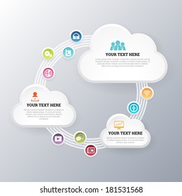 Vector illustration of cloud network exchange concept with three cloud copyspaces.