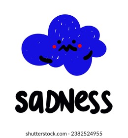 Vector illustration of a cloud, a sad cloud in the style of doodles and sketches. A cloud with human emotions and mood in the interpretation of a child. The internal state of a person. Sadness