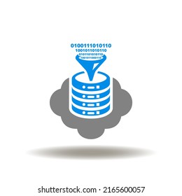 Vector illustration of cloud with server and digital funnel. Icon of digital transformation. Symbol of processing big data. Sign of cloud computing.