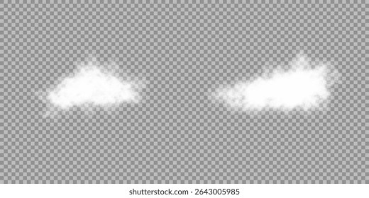 Vector illustration. Cloud, smoke, fog png. Set of vector clouds, fog or smoke on an isolated transparent background. White realistic 3D vector isolated cloud on the transparent background. Vector set
