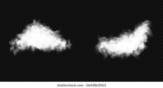 Vector illustration. Cloud, smoke, fog png. Set of vector clouds, fog or smoke on an isolated transparent background. White realistic 3D vector isolated cloud on the transparent background. Vector set