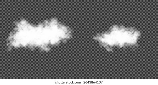 Vector illustration. Cloud, smoke, fog png. Set of vector clouds, fog or smoke on an isolated transparent background. White realistic 3D vector isolated cloud on the transparent background. Vector set