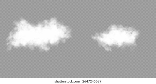 Vector illustration. Cloud, smoke, fog png. Set of vector clouds, fog or smoke on an isolated transparent background. White realistic 3D vector isolated cloud on the transparent background. Vector set
