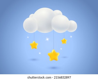 Ilustración vectorial de la nube con estrellas de estilo 3D. Icono vectorial del tiempo con nubes y estrellas de estilo realista. Juguete por bebé.