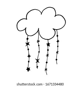 Vector illustration of cloud with stars. Drawn by hands in doodle style. For design of surfaces, prints, postcards, posters, banners, printing. Theme space, sky, astronomy, night. Celestial element