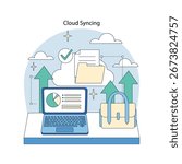 Vector illustration of cloud syncing with a laptop, depicting data upload and download through cloud storage. Includes charts, folders, arrows, and security lock symbols.