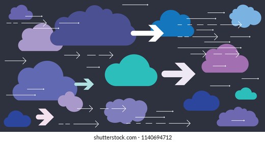 vector illustration of cloud virtual file storage and digital transfer between them with arrows