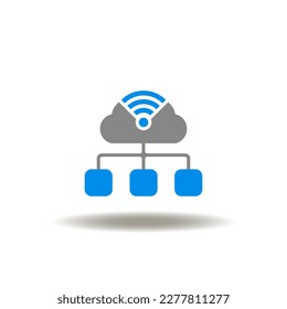 Vector illustration of cloud with wi-fi and network or flowchart. Icon of cloud computing. Symbol of cloud networking web service.