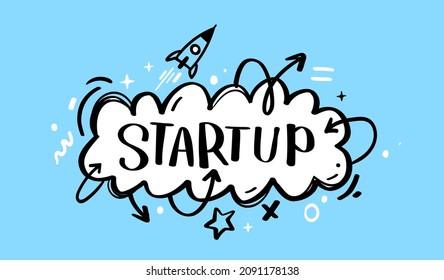 Vector illustration of cloud with word stratup and space ship. Business abstract decorative blue color background. Doodle line art style design with word stratup for business banner, poster, print