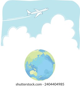 Vector illustration of clouds, airplanes, and earth inspired by world travel