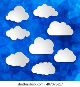 Vector illustration of clouds collection on a blue Triangular Polygonal background
