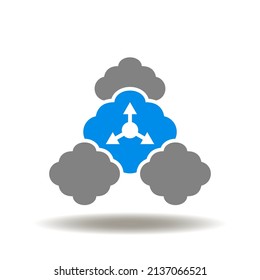 Vector illustration of clouds computing networking with arrows. Icon of hybrid cloud. Symbol of internet database, web server network.