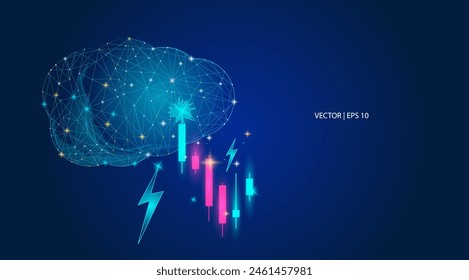 Ilustración vectorial. Las nubes emiten rayos y gráficos hacia abajo adecuados para el comercio, inversión, divisas, índice, mercado de valores, criptomoneda. Abstractas bajo poli moderno fondo de comercio