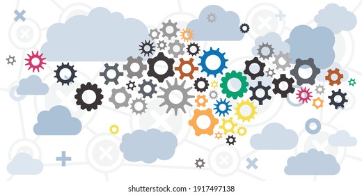 vector illustration of clouds and mechanism gears for uploading file to cloud storage