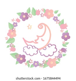 Vector illustration of clouds, moon, magic wand, cupcake, flowers, rainbow for decoration, card, poster, invitation, site, icon. Graphic elements for kid’s, , candy, textile, fashion shop.