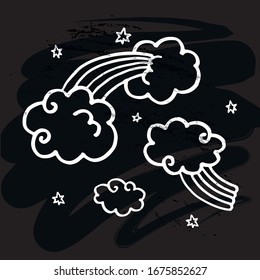 Vector illustration of clouds, moon, magic wand, cupcake, flowers, rainbow for decoration, card, poster, invitation, site, icon. Graphic elements for kid’s, , candy, textile, fashion shop.