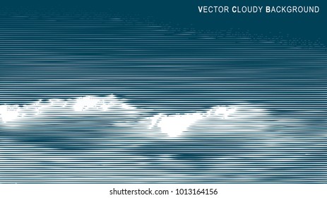 vector illustration with clouds on sky, linear halftone background