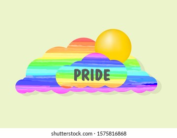 Vector illustration of clouds painted with the colors of an LGBT community rainbow with the sun on a green background, with the signature PRIDE