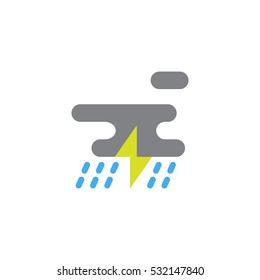 Vector illustration of clouds, rain and lightning. Flat forecast icon of a stormy weather. 