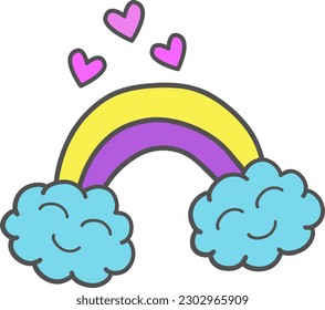 Vector illustration of clouds, rainbows of hearts. Clouds in love. Smiling clouds, rainbows and hearts in the sky. Cute vector illustration.