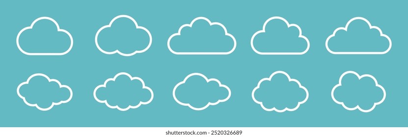 Vector illustration of the clouds set. Clouds collection in outline style. White cloudy set isolated on blue background. White clouds of different shapes. Collection of different white clouds.
