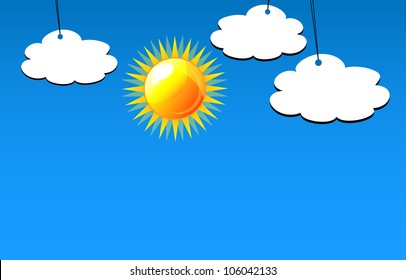 Vector illustration of clouds and sun in blue sky.