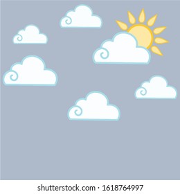 Vector illustration with clouds and sun. Cloudy weather.