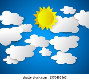 Vector illustration of clouds with sun on the blue background. Summer sky, bright sun. Modern 3d origami paper art style.