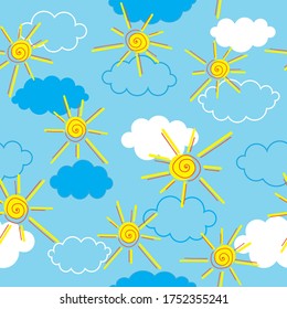Vector illustration. Clouds and sun on blue background seamless pattern.