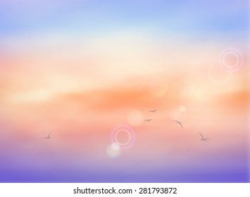 Vector illustration of clouds in a sunrise sky with birds