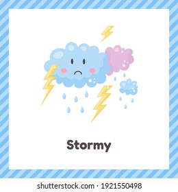 Vector illustration. Clouds, thunderstorm. Cute weather stormy for kids. Flash card for learning with children in preschool, kindergarten and school.