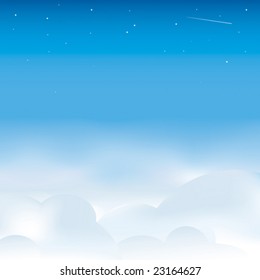 Vector illustration of cloudscape background. Open sky with stars.