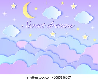 Vector illustration of clouds,stars and moon. Paper art style.