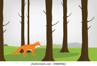 Vector illustration cloudy autumn forest landscape and red cute fox. Forest background