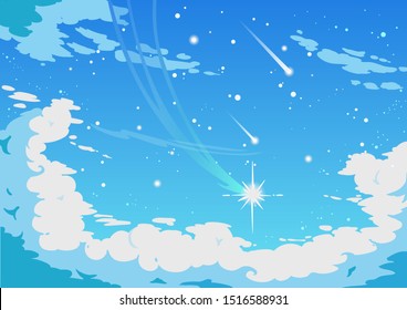 Vector Illustration Of Cloudy Sky In Anime Style.